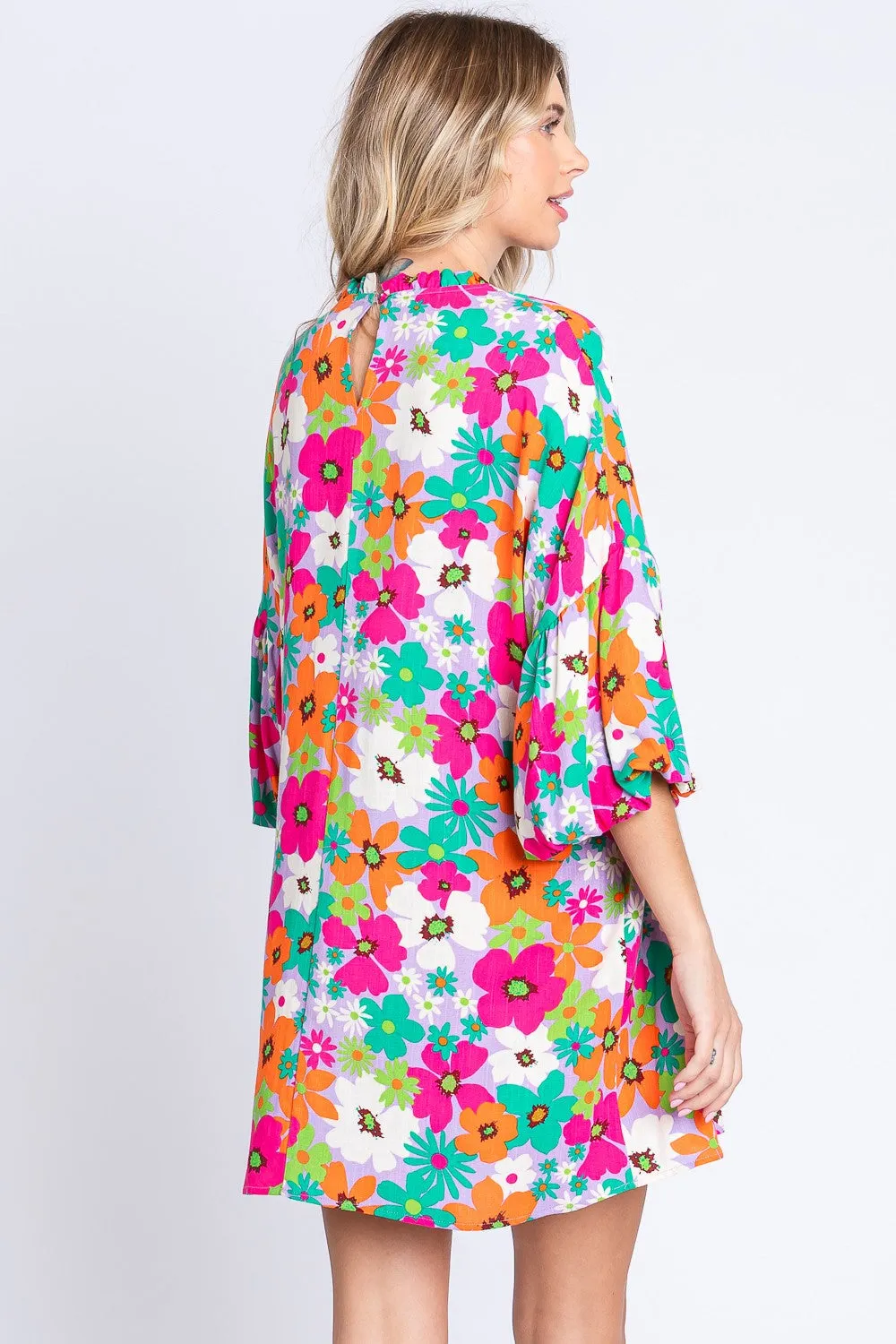 Hazel Blues® |  GeeGee Floral Round Neck Lantern Sleeve Mini Dress
