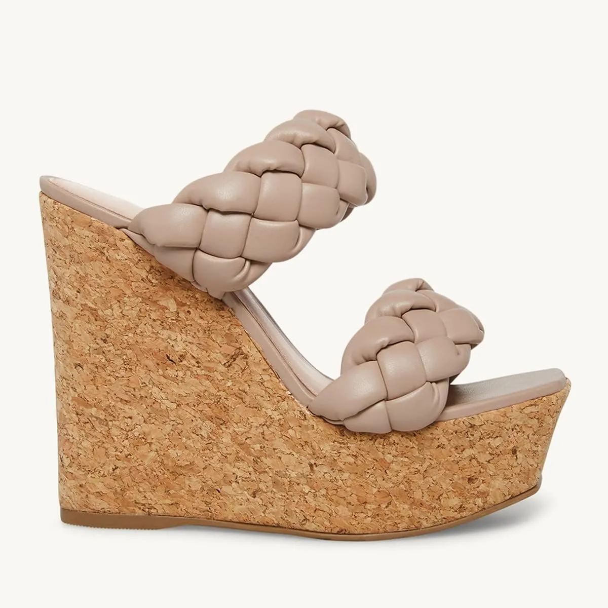 Leather Beige Braided Double Strap Wedge Sandals