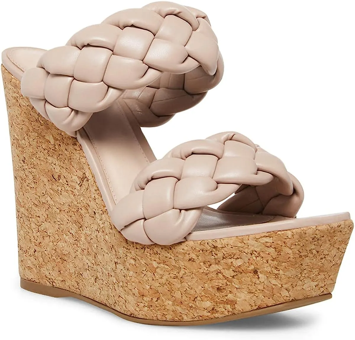 Leather Beige Braided Double Strap Wedge Sandals