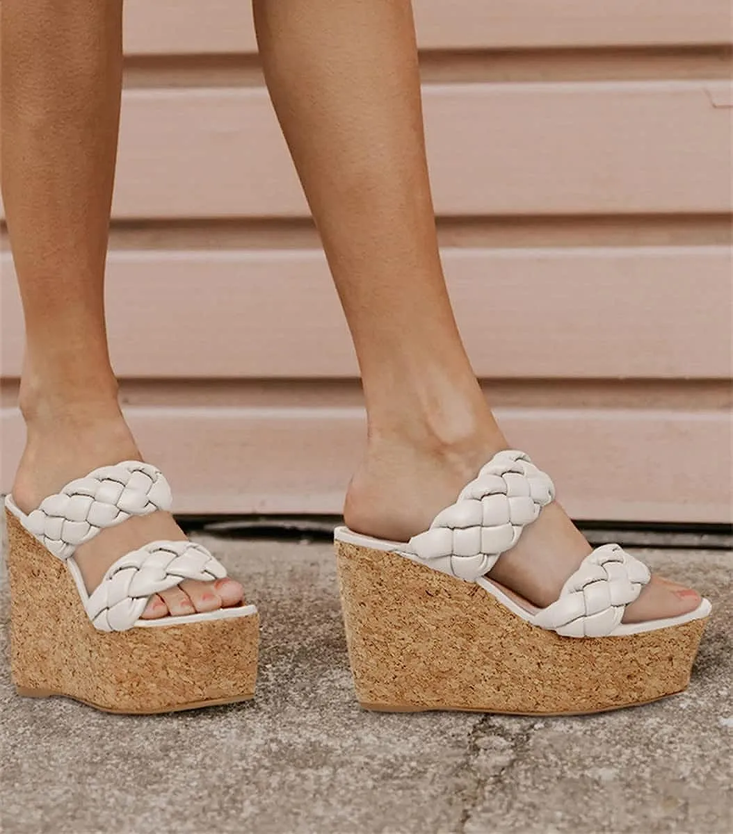 Leather Beige Braided Double Strap Wedge Sandals