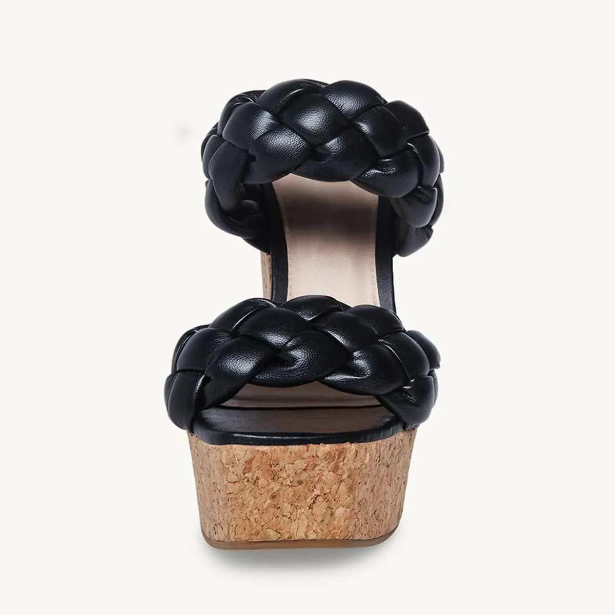 Leather Beige Braided Double Strap Wedge Sandals