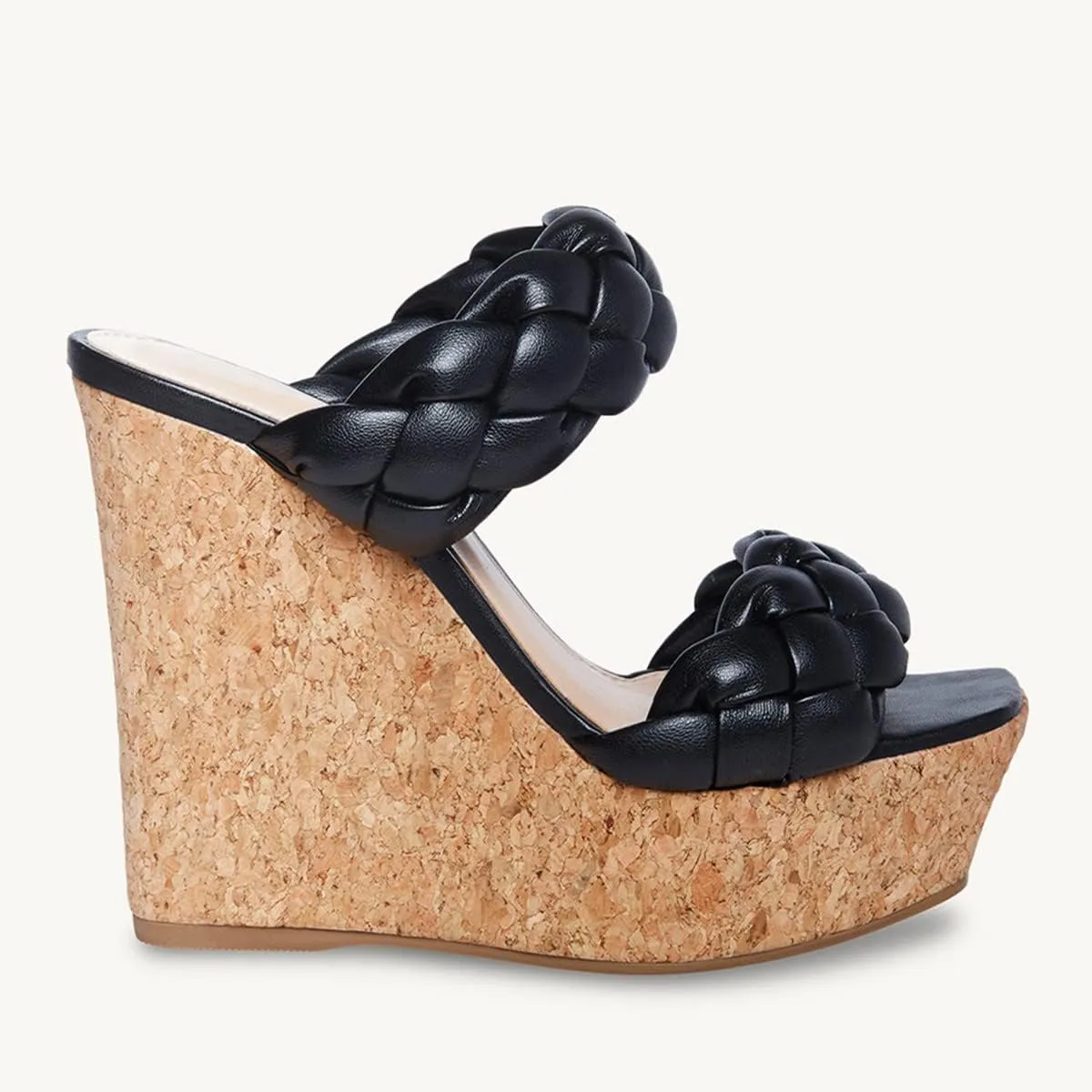 Leather Beige Braided Double Strap Wedge Sandals