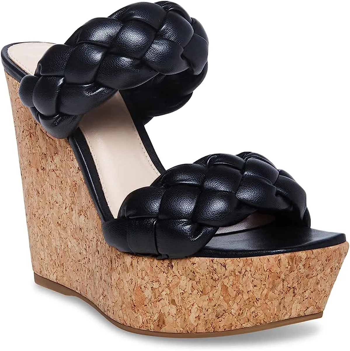 Leather Beige Braided Double Strap Wedge Sandals