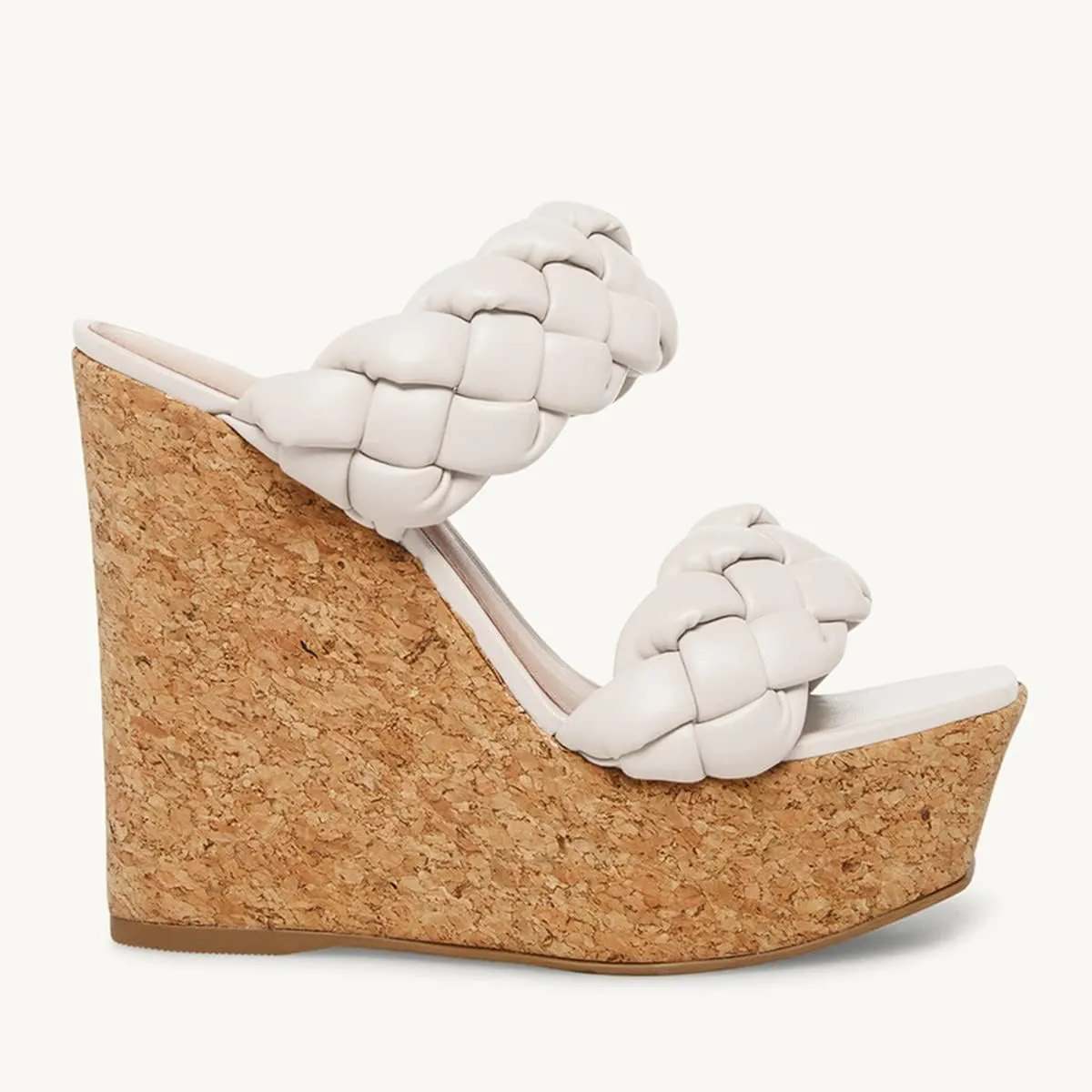 Leather Beige Braided Double Strap Wedge Sandals