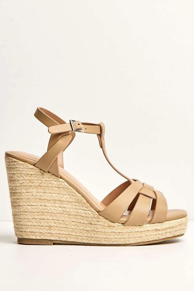Lulu 3-Strap Open Toe Anklestrap Wedges in Nude