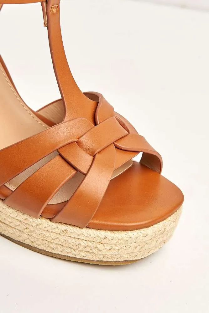 Lulu 3-Strap Open Toe Anklestrap Wedges in Tan