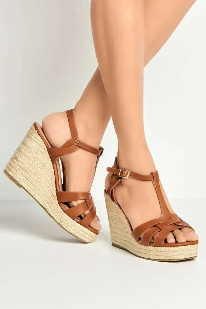 Lulu 3-Strap Open Toe Anklestrap Wedges in Tan