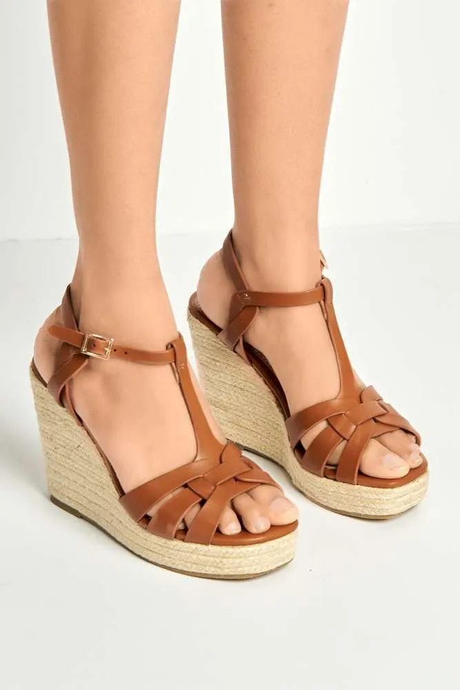 Lulu 3-Strap Open Toe Anklestrap Wedges in Tan