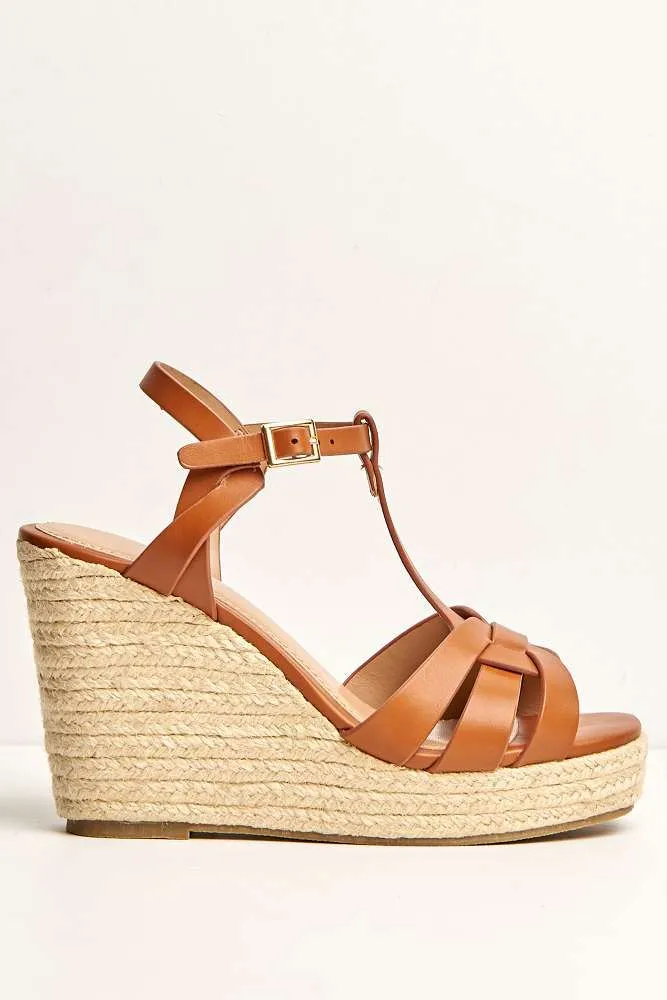 Lulu 3-Strap Open Toe Anklestrap Wedges in Tan