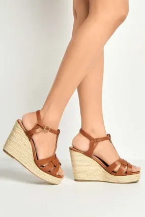 Lulu 3-Strap Open Toe Anklestrap Wedges in Tan