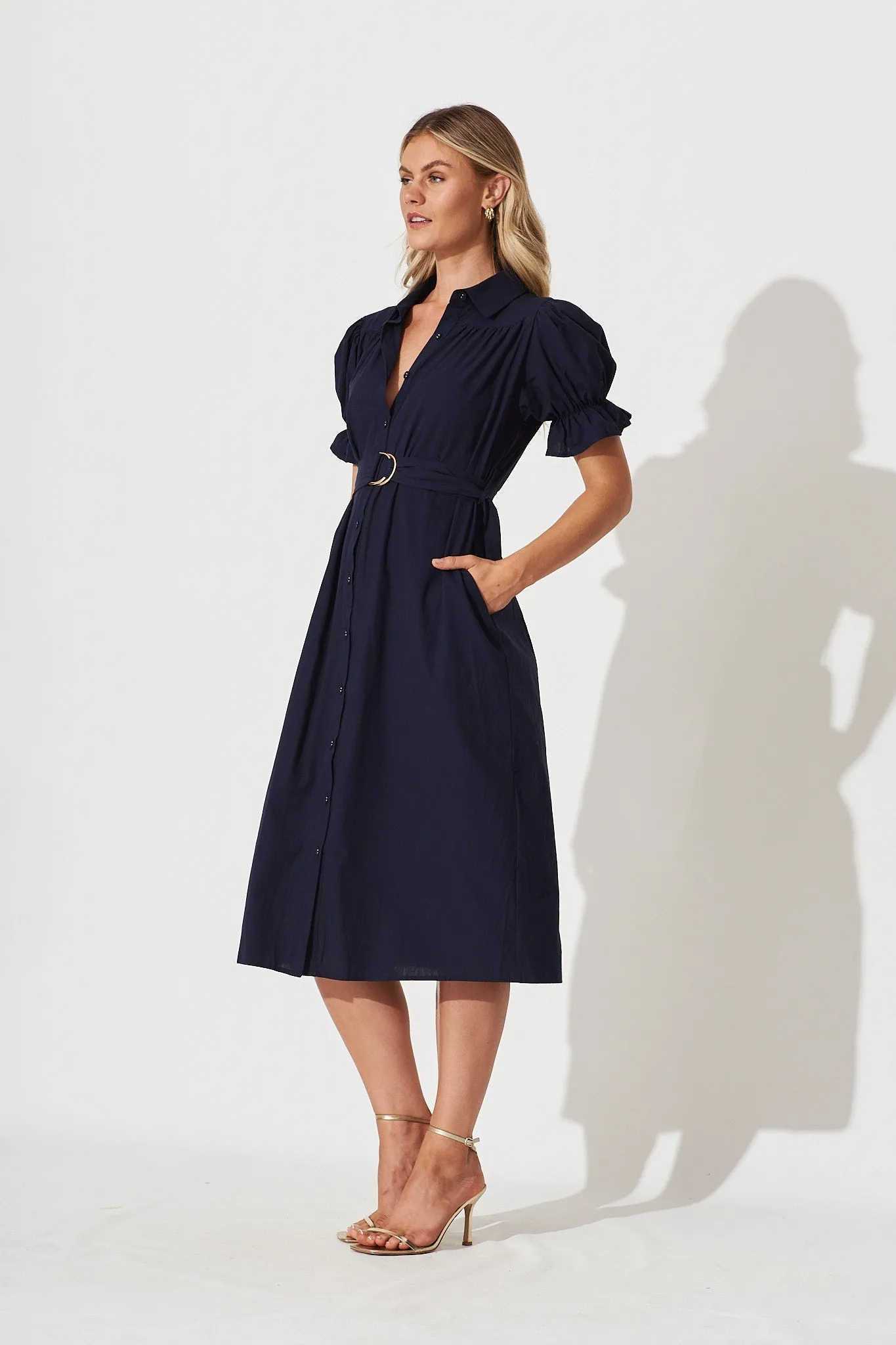 Navy Cotton Midi Shirt Dress - Sicilly Style