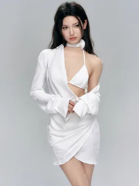 Ruched Bikini with Sarong and Sheer Shirt Cover-Up