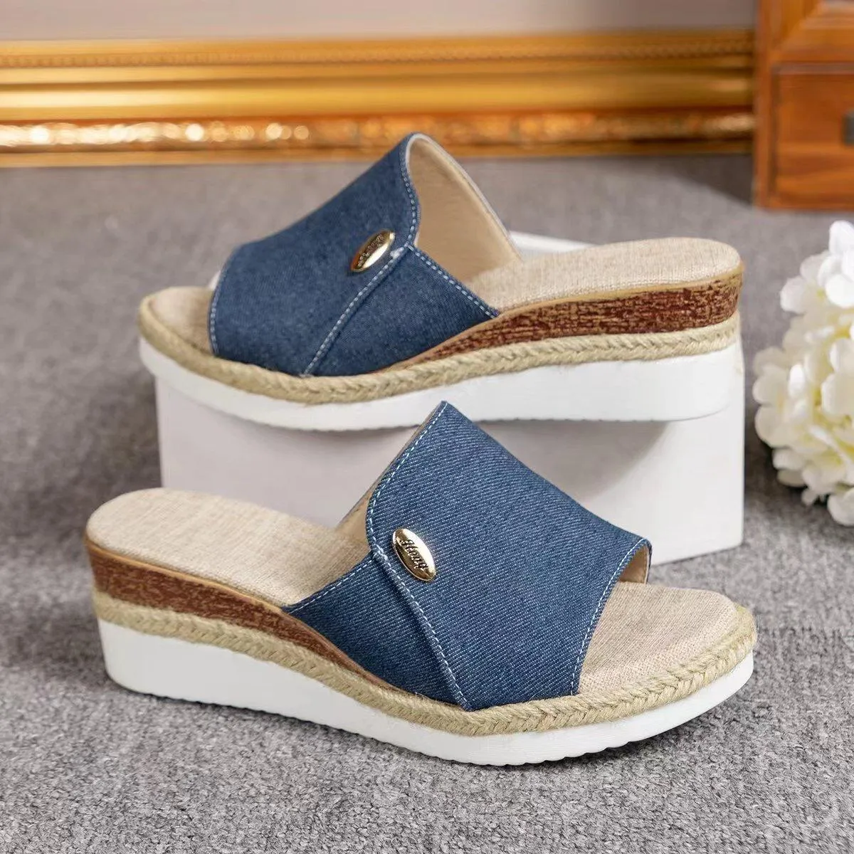 Summer Denim Wedge Sandals | Fish Mouth Hemp (Beige/Blue/Grey)