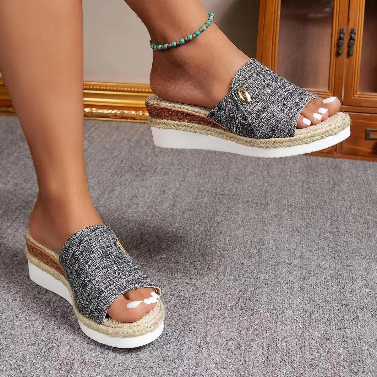 Summer Denim Wedge Sandals | Fish Mouth Hemp (Beige/Blue/Grey)