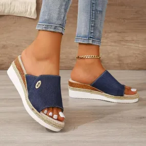 Summer Denim Wedge Sandals | Fish Mouth Hemp (Beige/Blue/Grey)