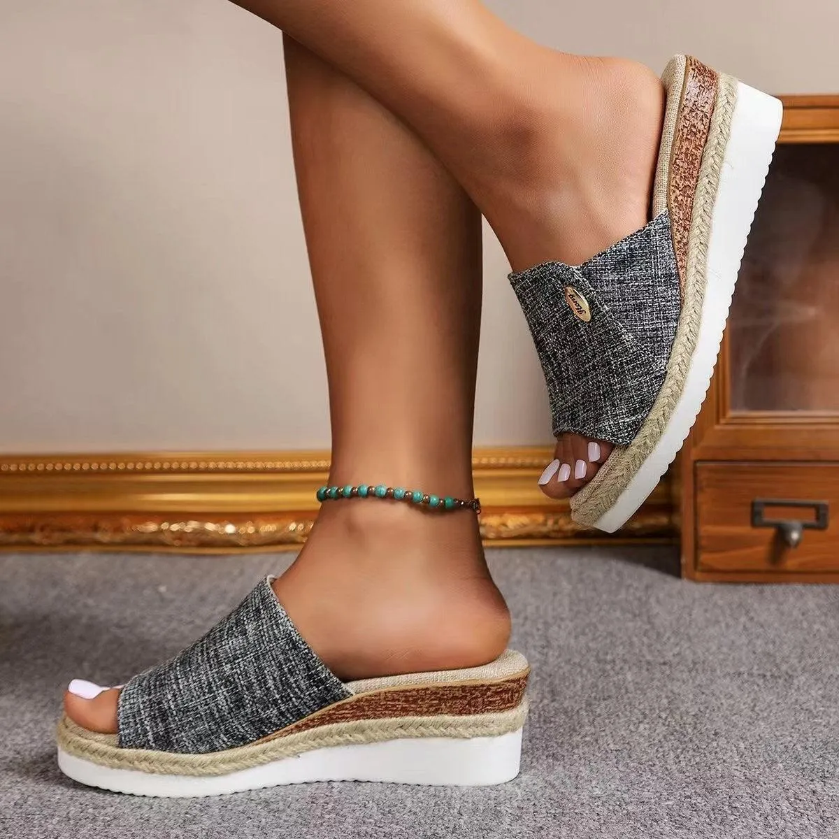 Summer Denim Wedge Sandals | Fish Mouth Hemp (Beige/Blue/Grey)