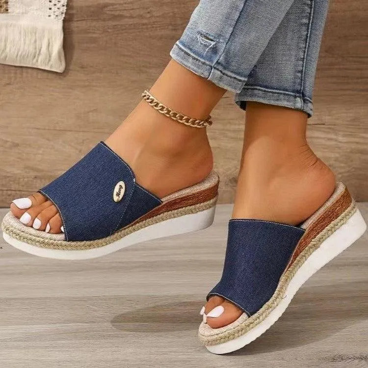 Summer Denim Wedge Sandals | Fish Mouth Hemp (Beige/Blue/Grey)