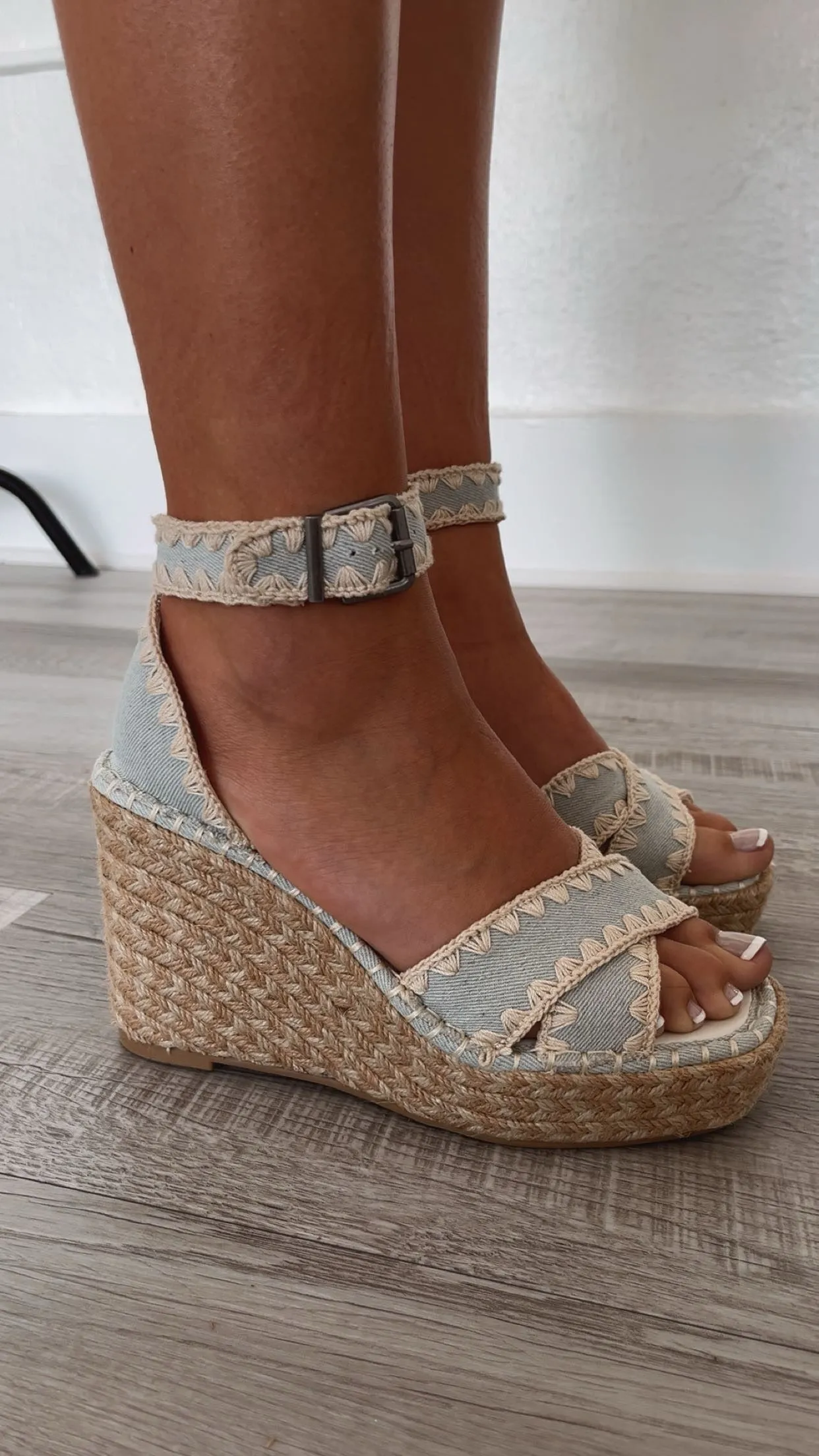 The Essie Espadrille Slide With Embroidered Straps, Denim Blue