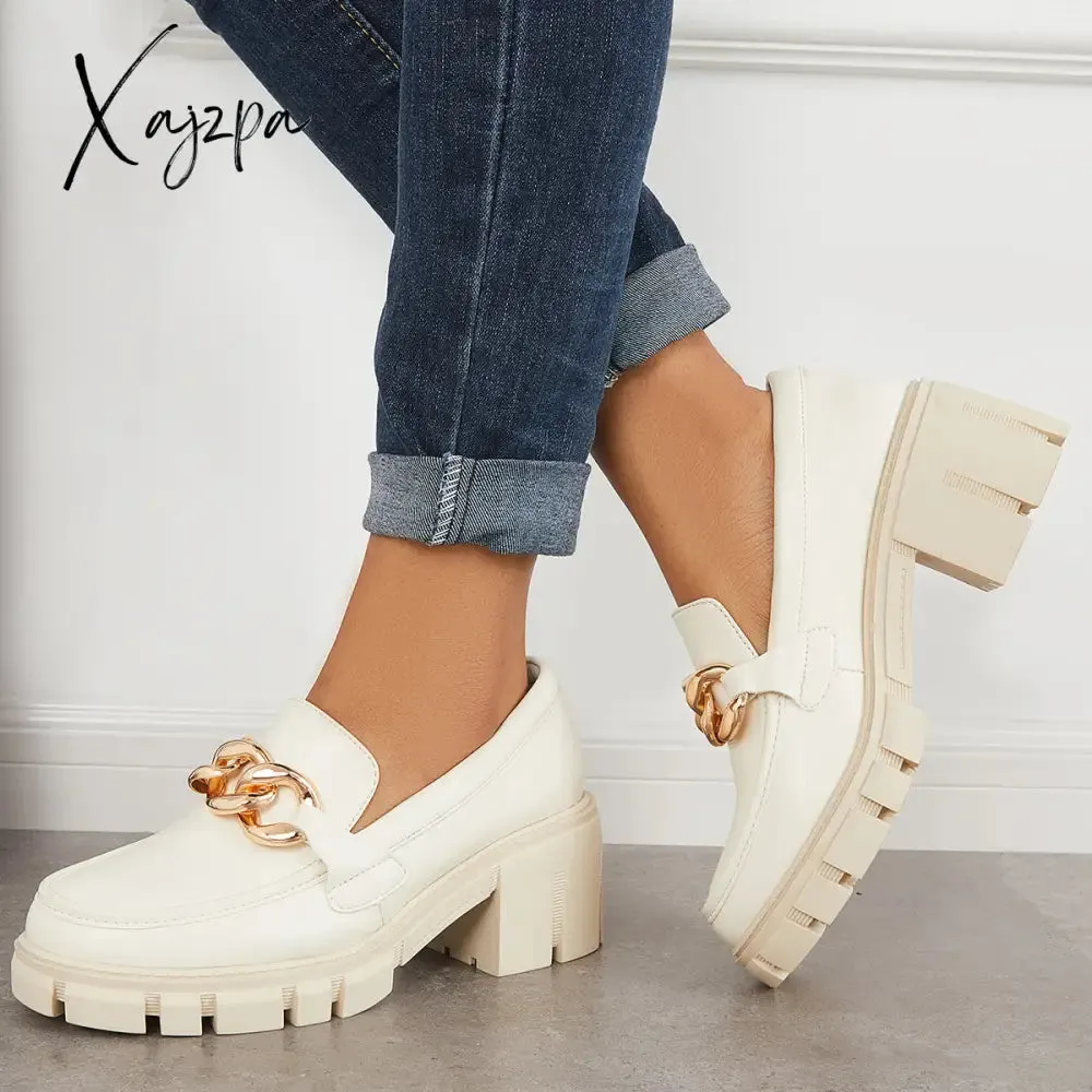 Xajzpa - Comfort Platform Chunky Heel Loafers Slip on Lug Sole Shoes