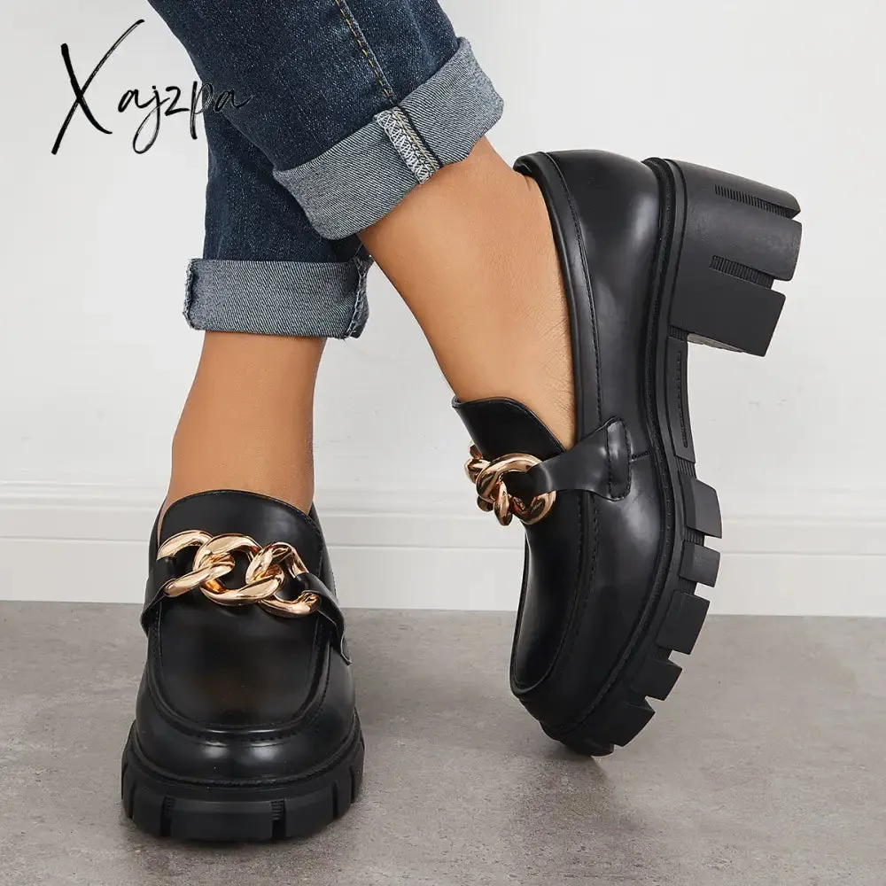 Xajzpa - Comfort Platform Chunky Heel Loafers Slip on Lug Sole Shoes