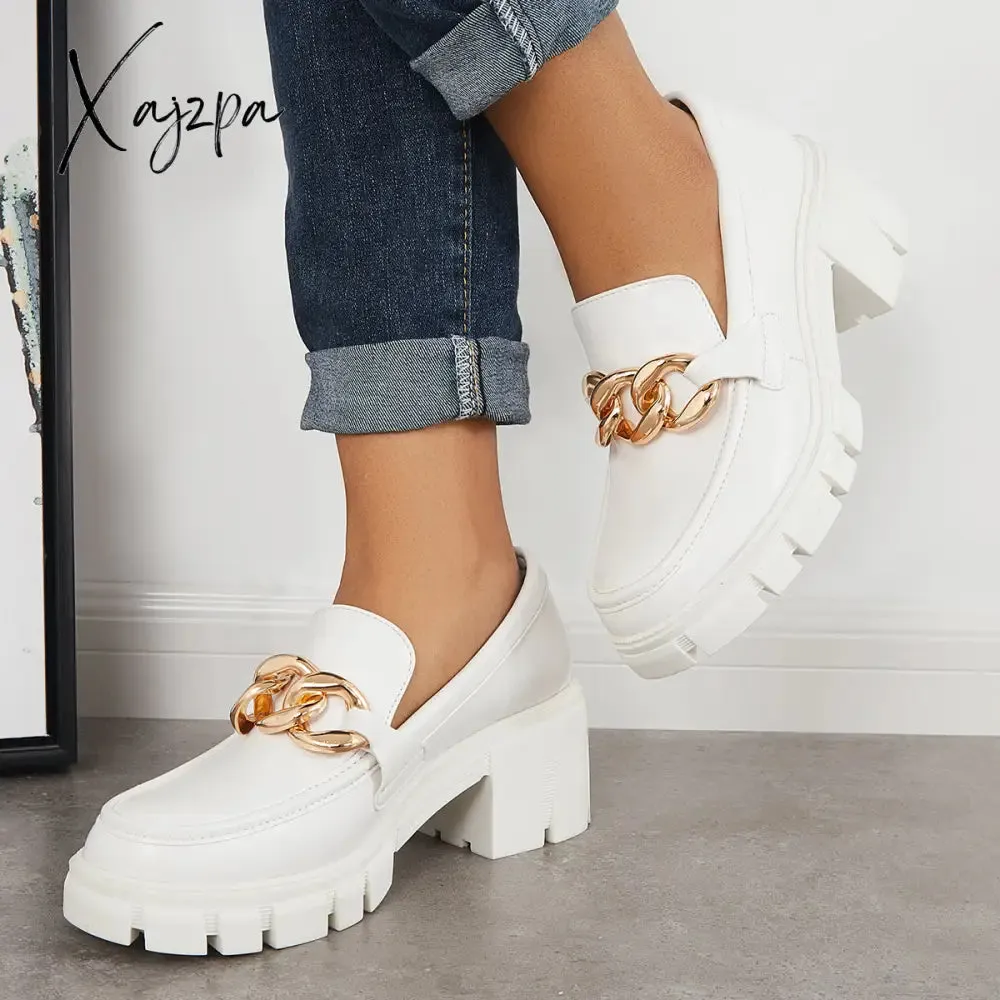 Xajzpa - Comfort Platform Chunky Heel Loafers Slip on Lug Sole Shoes