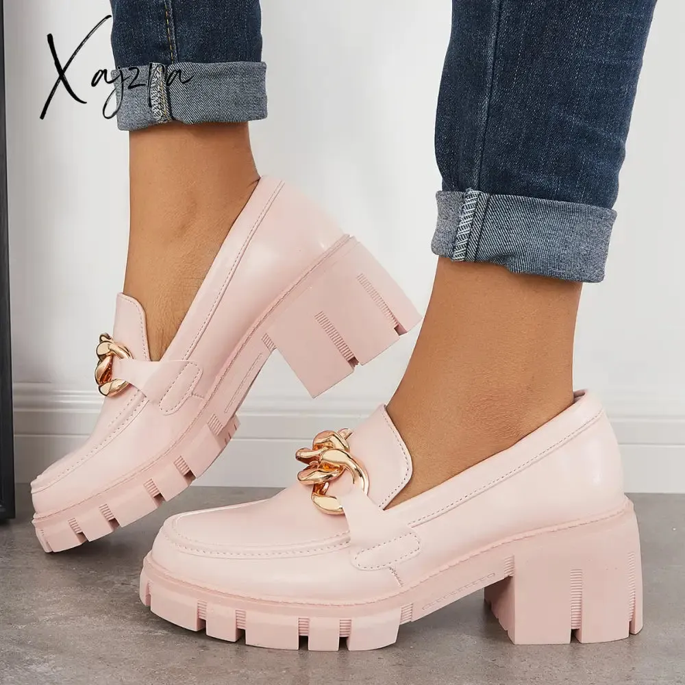 Xajzpa - Comfort Platform Chunky Heel Loafers Slip on Lug Sole Shoes