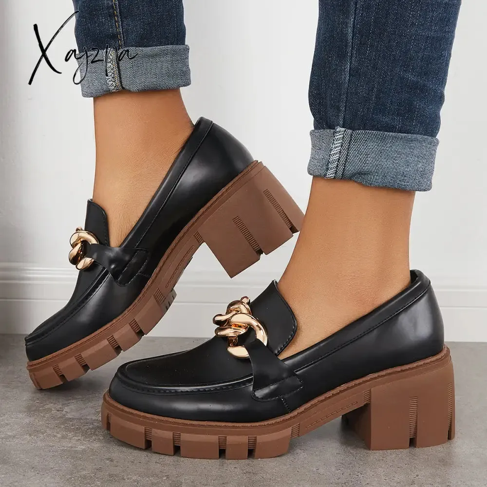 Xajzpa - Comfort Platform Chunky Heel Loafers Slip on Lug Sole Shoes