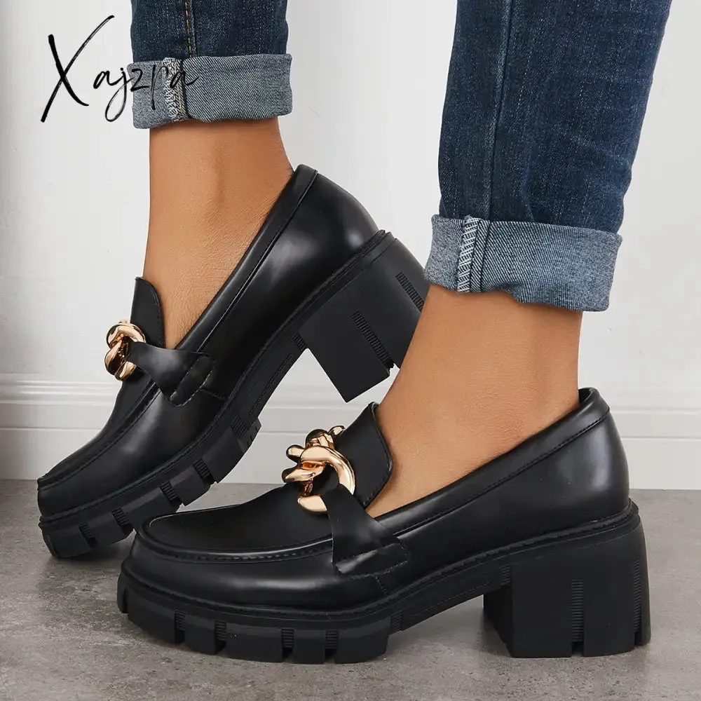 Xajzpa - Comfort Platform Chunky Heel Loafers Slip on Lug Sole Shoes