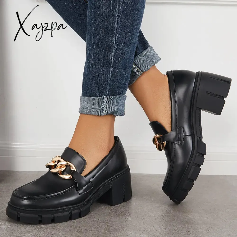 Xajzpa - Comfort Platform Chunky Heel Loafers Slip on Lug Sole Shoes