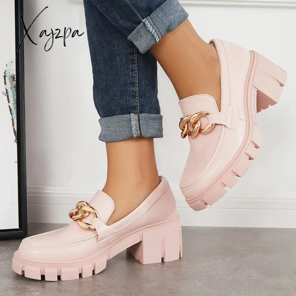 Xajzpa - Comfort Platform Chunky Heel Loafers Slip on Lug Sole Shoes
