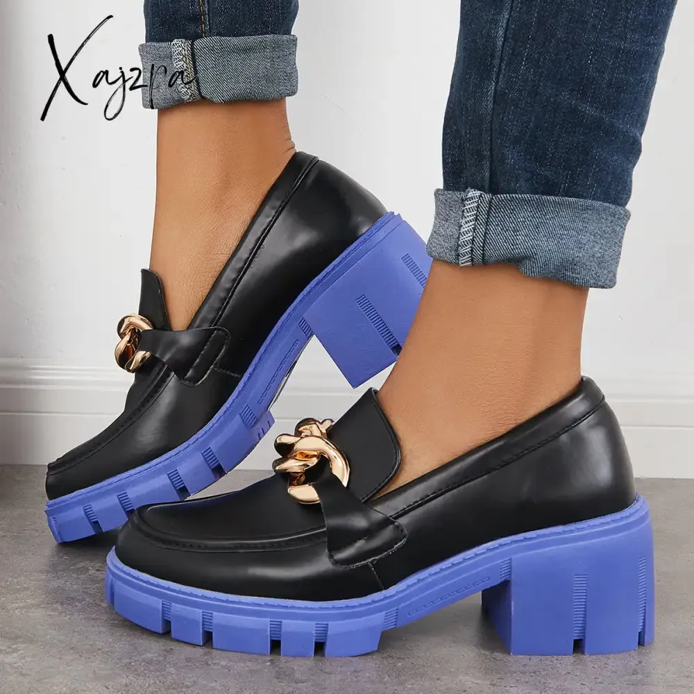 Xajzpa - Comfort Platform Chunky Heel Loafers Slip on Lug Sole Shoes