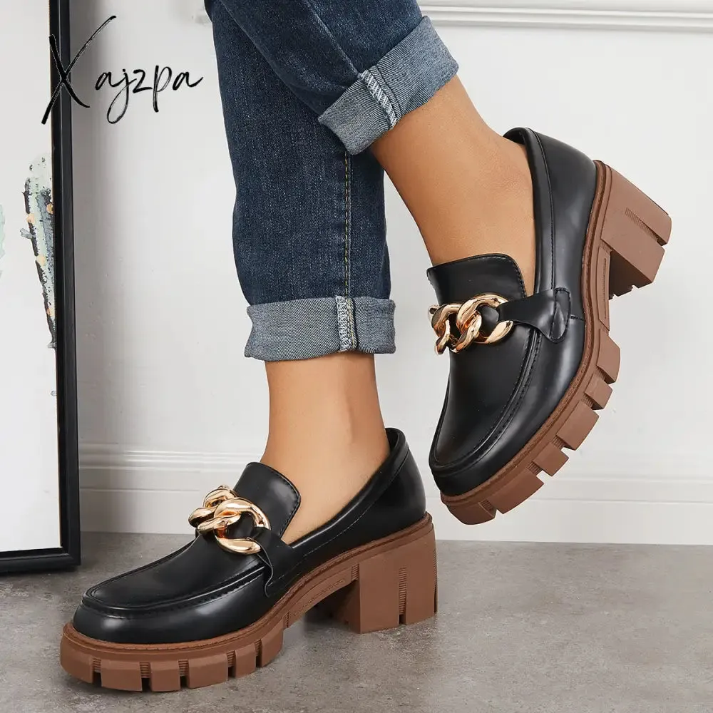Xajzpa - Comfort Platform Chunky Heel Loafers Slip on Lug Sole Shoes