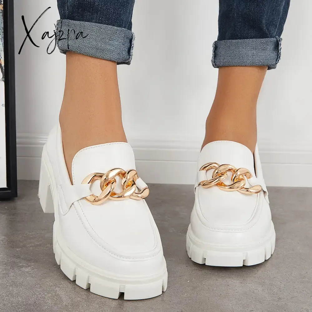 Xajzpa - Comfort Platform Chunky Heel Loafers Slip on Lug Sole Shoes