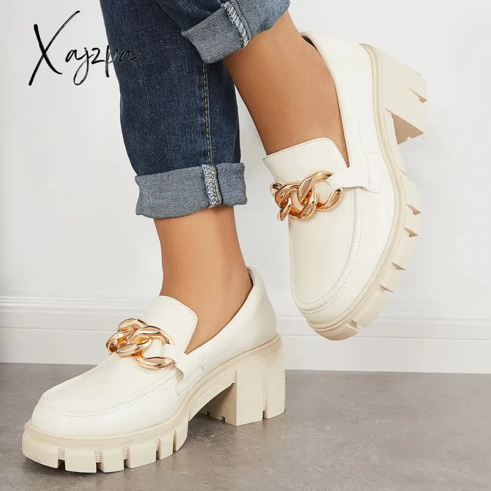 Xajzpa - Comfort Platform Chunky Heel Loafers Slip on Lug Sole Shoes