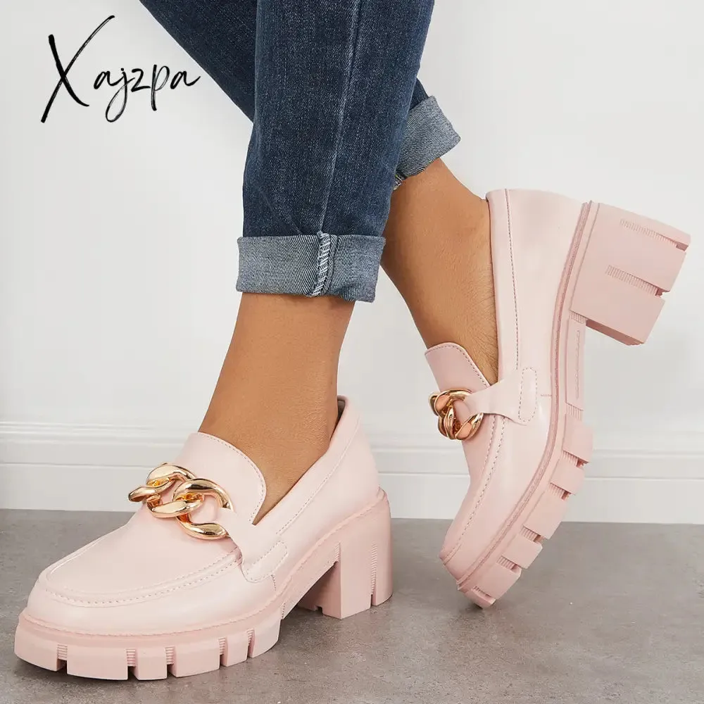 Xajzpa - Comfort Platform Chunky Heel Loafers Slip on Lug Sole Shoes