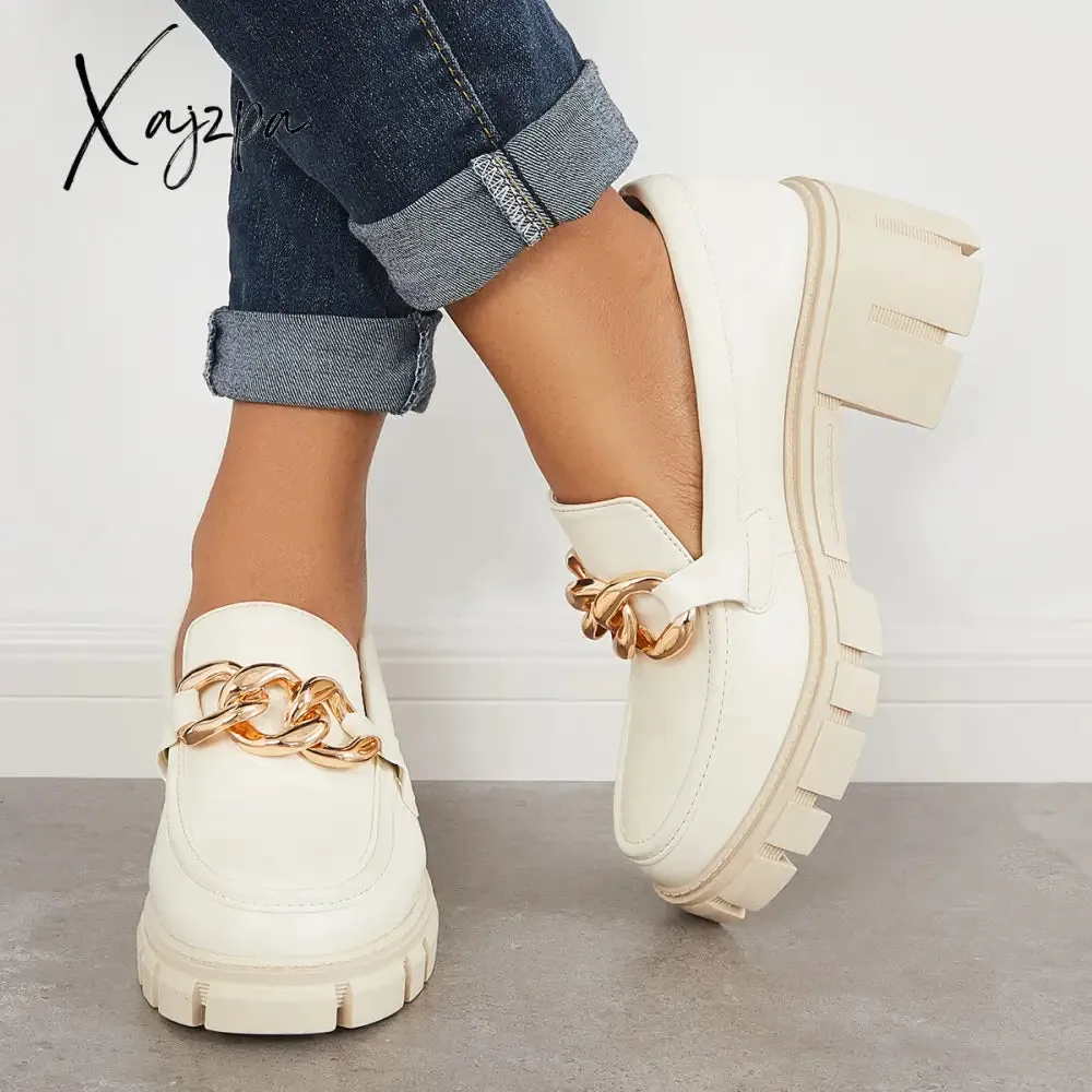 Xajzpa - Comfort Platform Chunky Heel Loafers Slip on Lug Sole Shoes