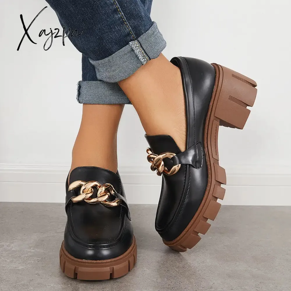 Xajzpa - Comfort Platform Chunky Heel Loafers Slip on Lug Sole Shoes