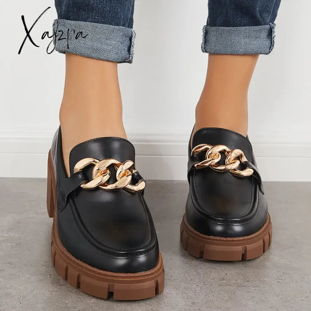 Xajzpa - Comfort Platform Chunky Heel Loafers Slip on Lug Sole Shoes
