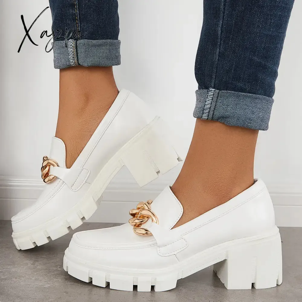 Xajzpa - Comfort Platform Chunky Heel Loafers Slip on Lug Sole Shoes