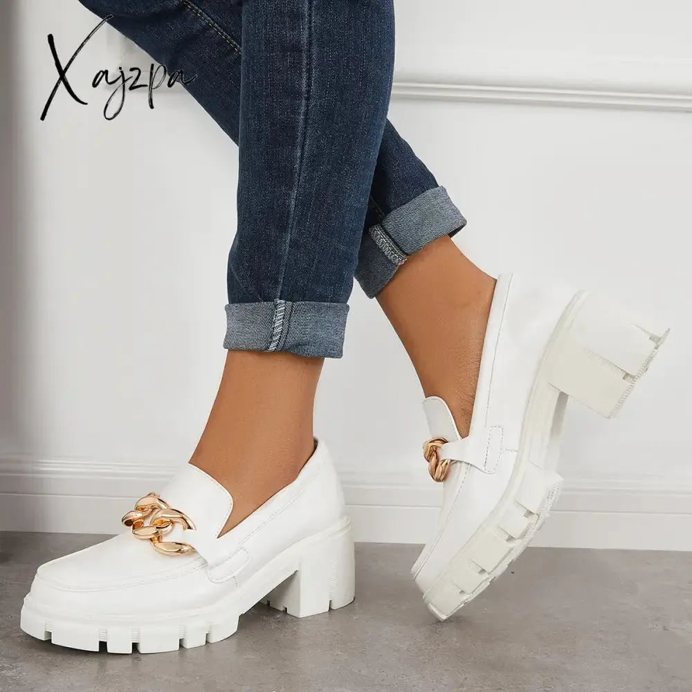 Xajzpa - Comfort Platform Chunky Heel Loafers Slip on Lug Sole Shoes