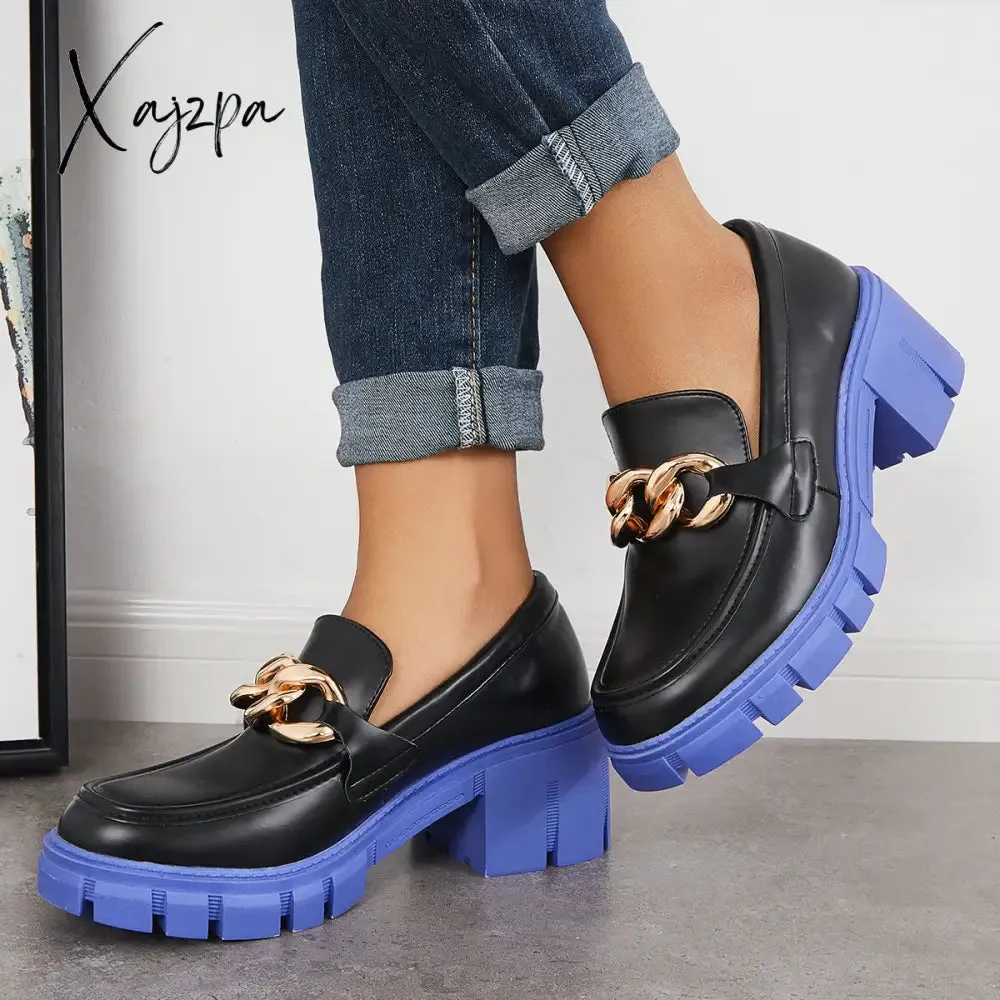 Xajzpa - Comfort Platform Chunky Heel Loafers Slip on Lug Sole Shoes