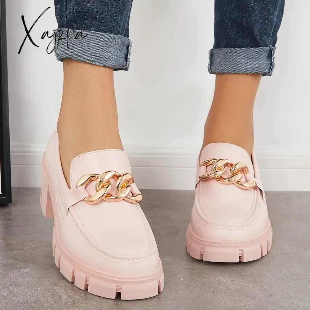 Xajzpa - Comfort Platform Chunky Heel Loafers Slip on Lug Sole Shoes