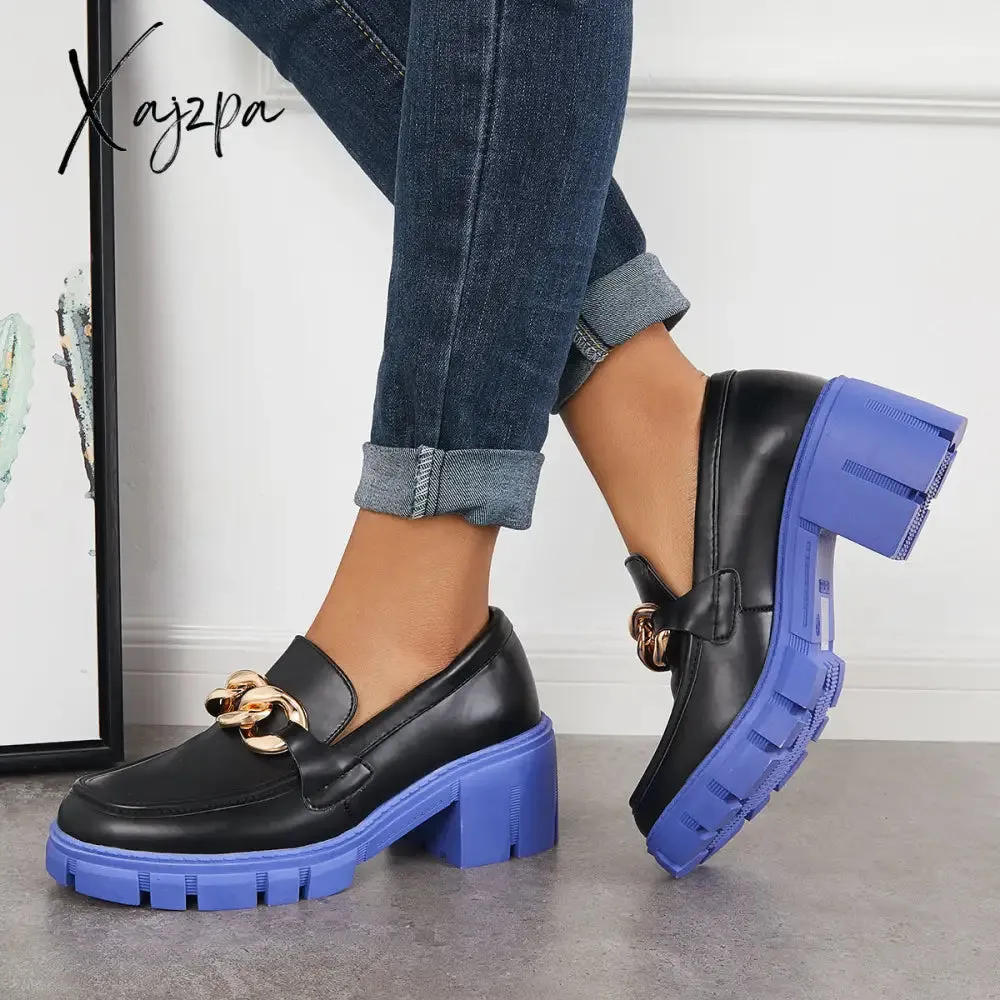 Xajzpa - Comfort Platform Chunky Heel Loafers Slip on Lug Sole Shoes