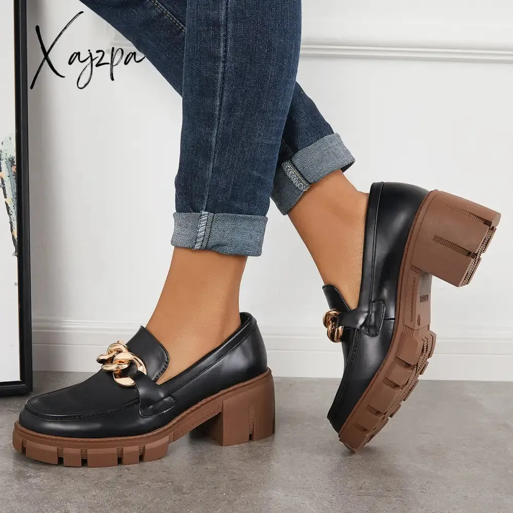 Xajzpa - Comfort Platform Chunky Heel Loafers Slip on Lug Sole Shoes