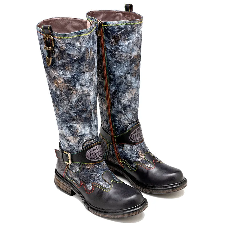 Zalor Bronzed Metal Reflective Color Wrinkle Zipper High Boots