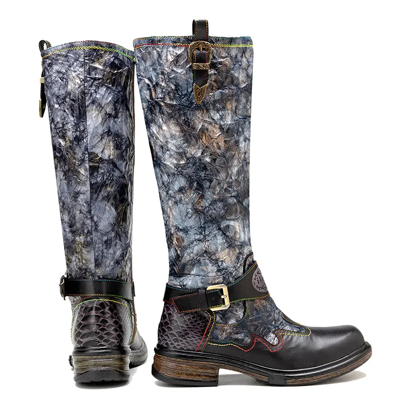Zalor Bronzed Metal Reflective Color Wrinkle Zipper High Boots