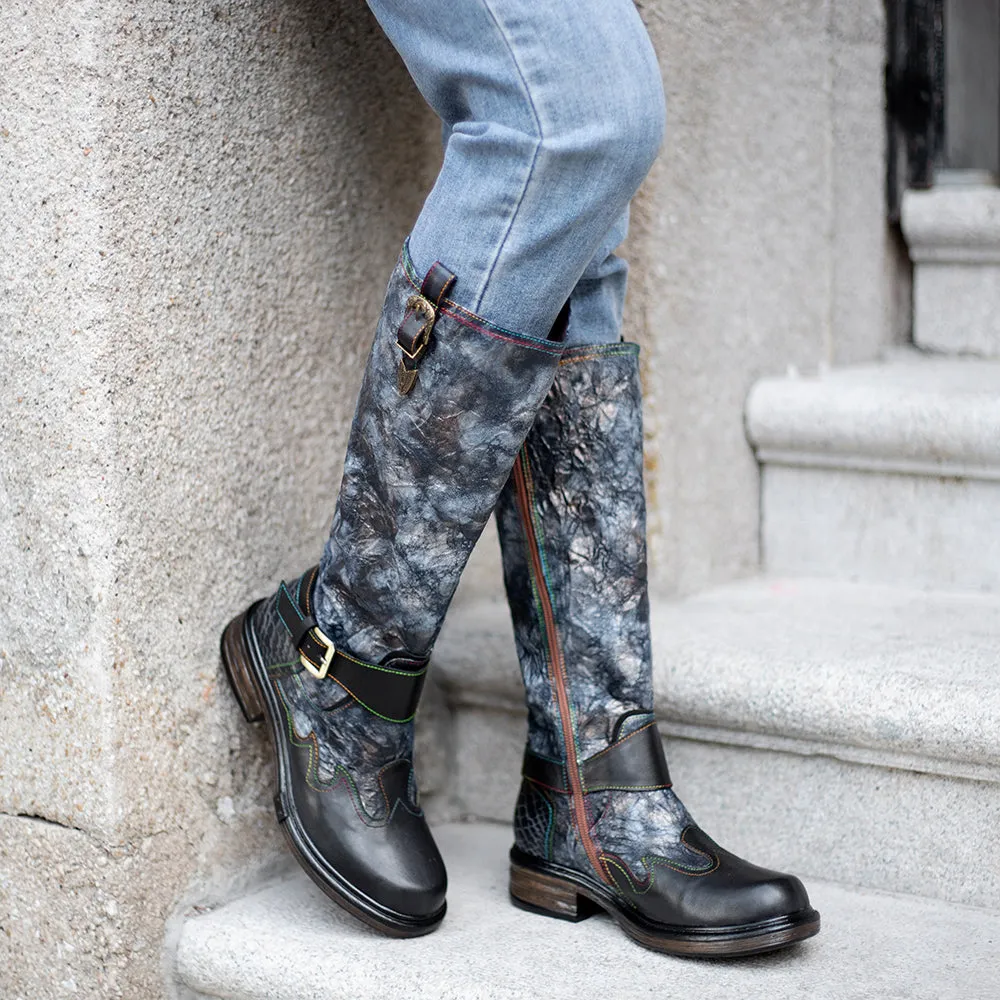 Zalor Bronzed Metal Reflective Color Wrinkle Zipper High Boots