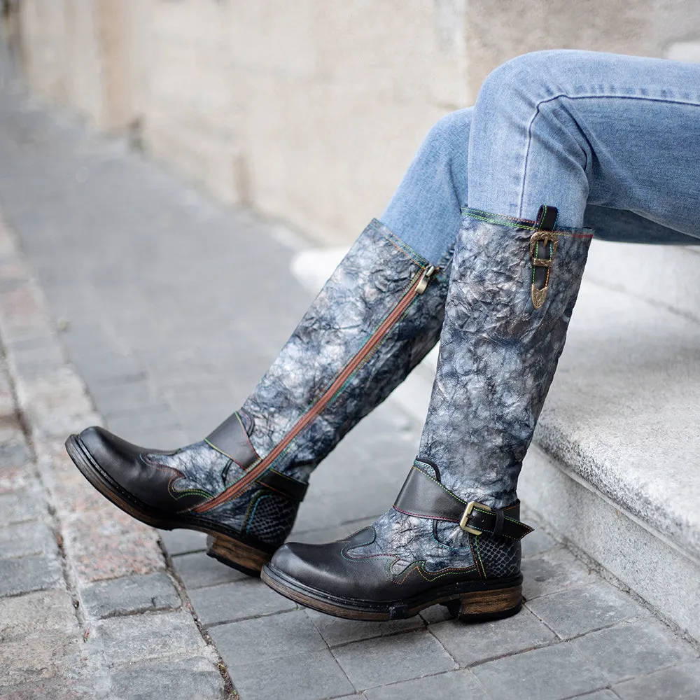 Zalor Bronzed Metal Reflective Color Wrinkle Zipper High Boots