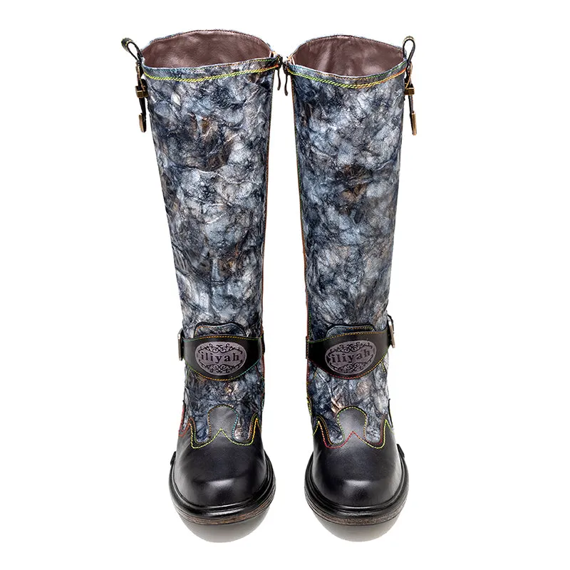 Zalor Bronzed Metal Reflective Color Wrinkle Zipper High Boots