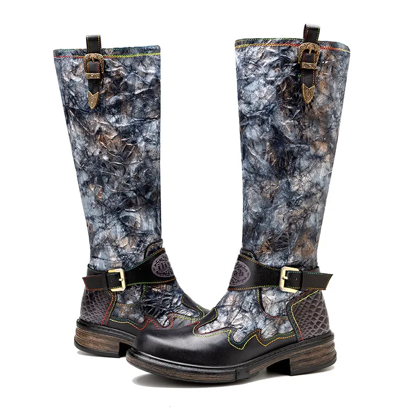 Zalor Bronzed Metal Reflective Color Wrinkle Zipper High Boots